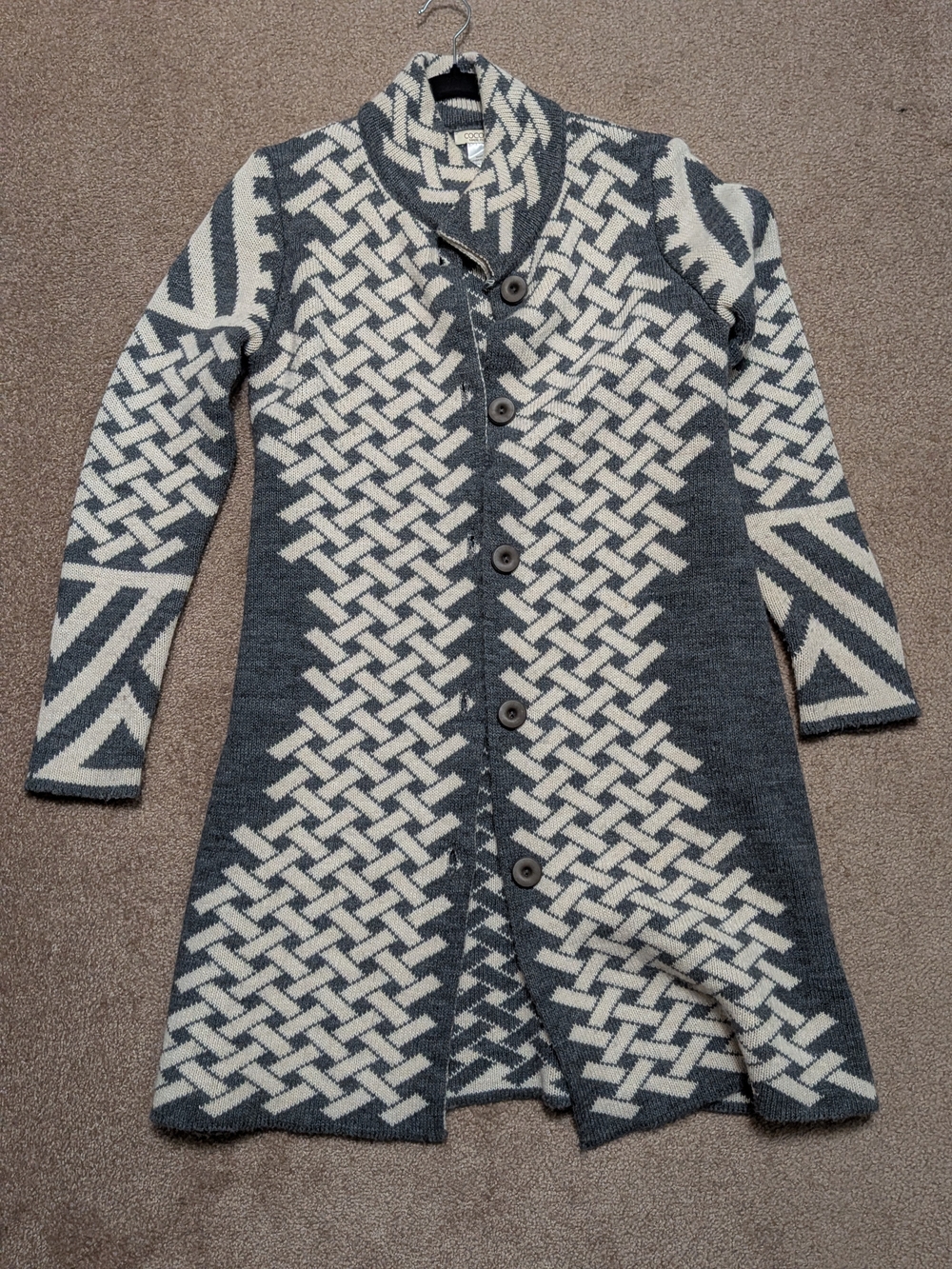 Woven-Pattern Long Button-Front Cardigan Sweater - M